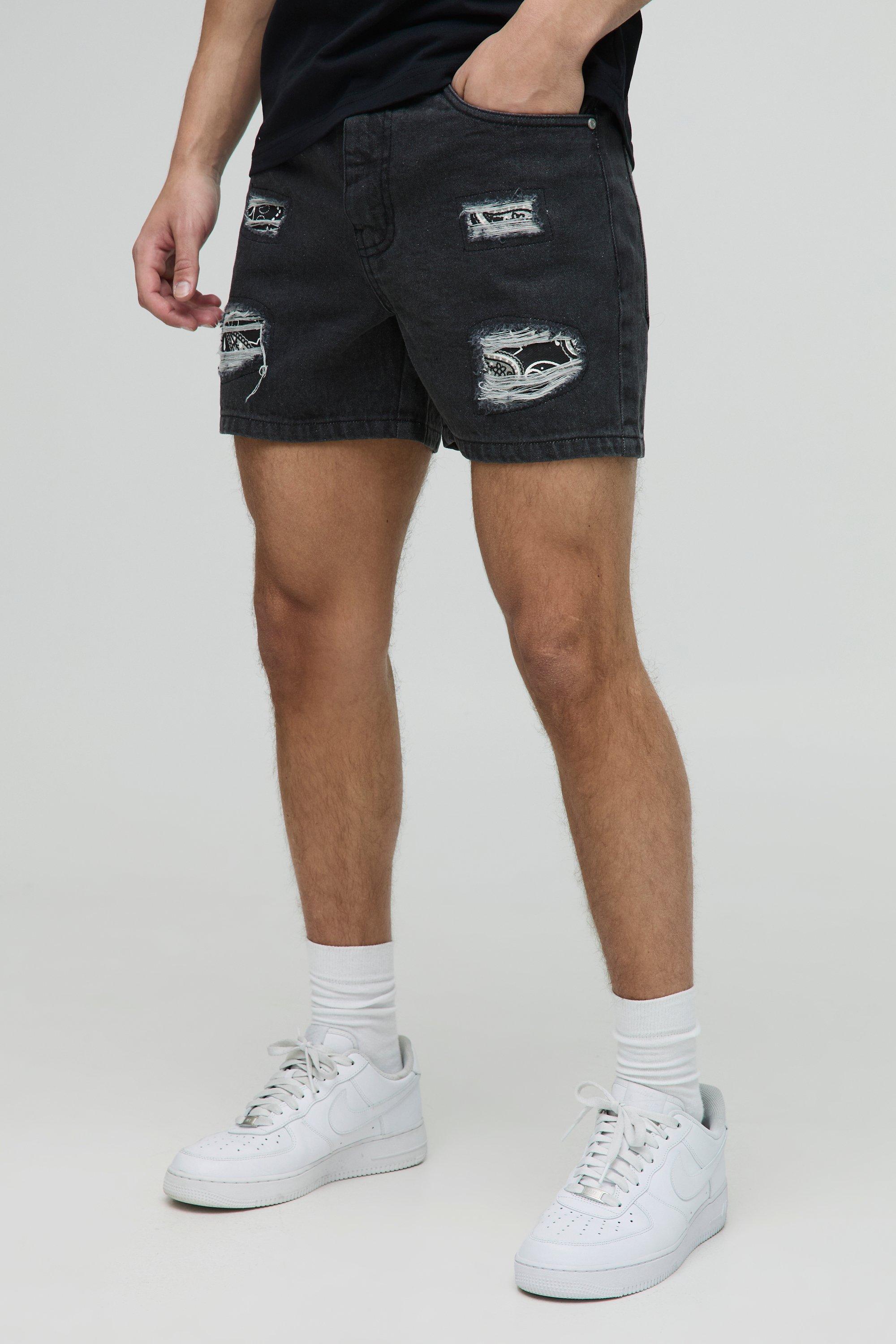 Slim Rigid Bandana Rip & Repair Paint Splatter Denim Shorts